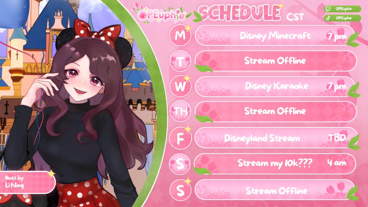 OPEuphie's tweet photo. Its a Disney week as I will be gone Thursday-Sunday at Disneyland for a @runDisney 10k. To get in the spirit I’d love to play some #disneyminecraft with chat on Monday and then sing some Disney songs on Wednesday. We shall see if I stream while I’m in @Disneyland https://t.co/EFqjYHXeGT