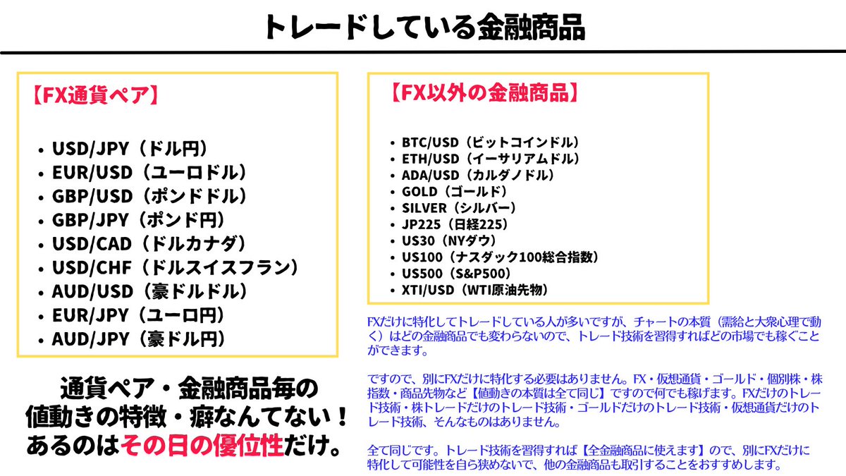 私がトレードしている金融商品一覧 【FX通貨ペア】 ▪️USD/JPY ▪️EUR/USD ▪️GBP/USD ▪️GBP/JPY ▪️USD/CAD  ▪️USD/CHF ▪️AUD/USD ▪️EUR/JPY ▪️AUD/JPY 【FX以外】 ▪️BTC/USD（ビットコイン）  ▪️ETH/USD（イーサリアム） ▪️ADA/USD（カルダノ ...