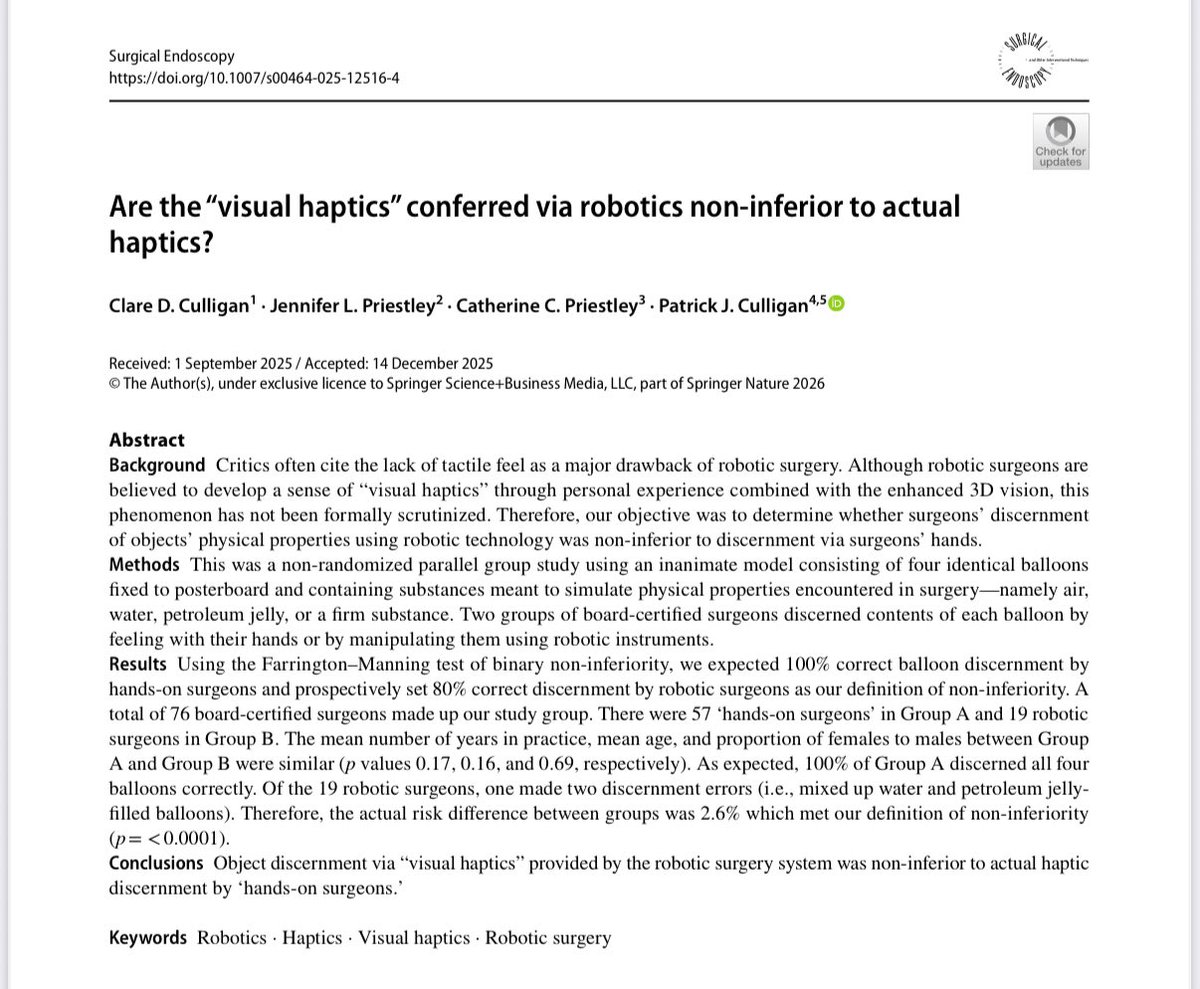 PJCulliganMD's tweet photo. What a joy to publish this study about “visual haptics” with @IntuitiveSurg daVinci robot in @SurgEndosc - especially since first author is my daughter @clareculligan_ and the other authors are my close friend and colleague Dr Jennifer Priestley and her daughter Cate! https://t.co/PVm4WycvUH