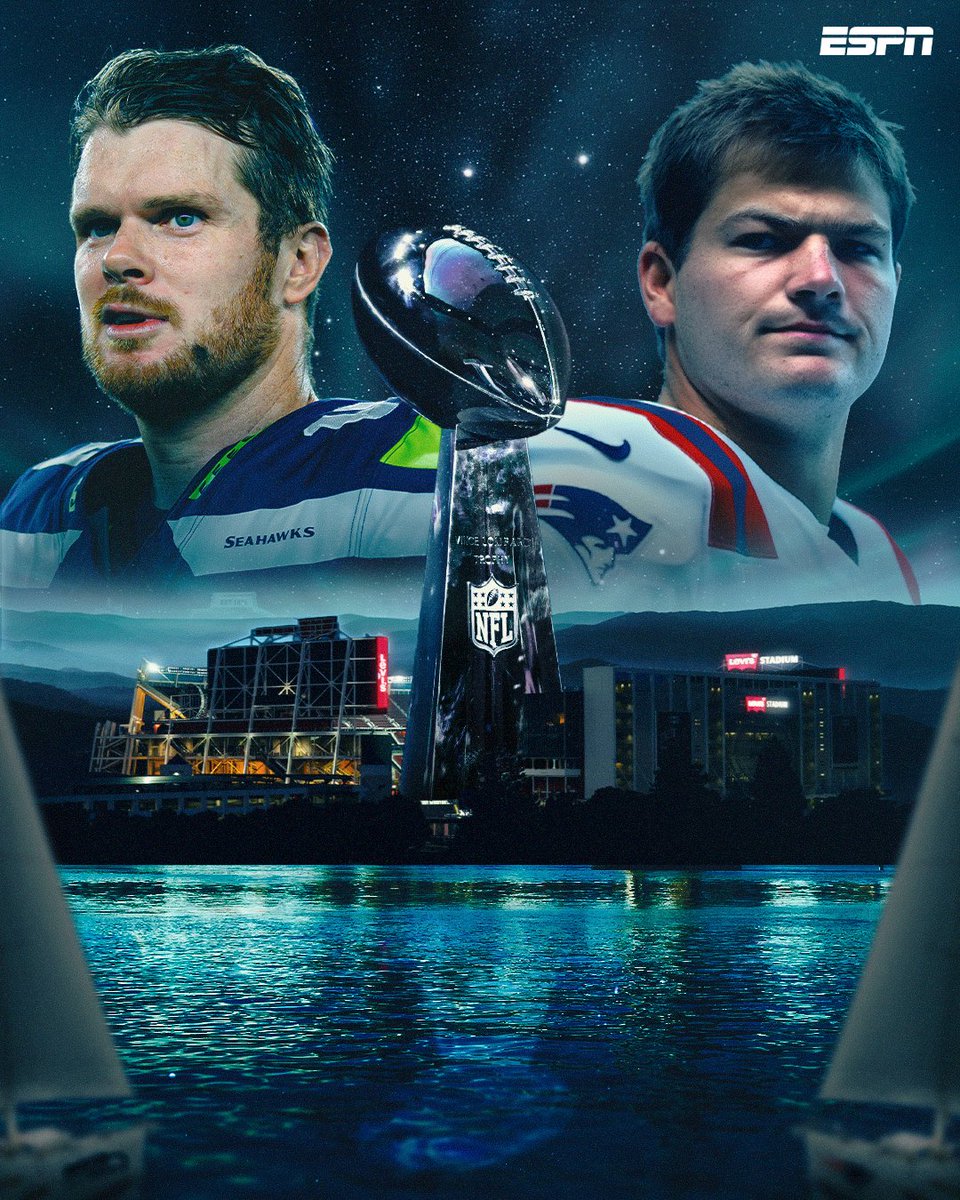 espn's tweet image. SAM DARNOLD VS. DRAKE MAYE 🍿 

Who's going home with their first Lombardi Trophy? 🏆