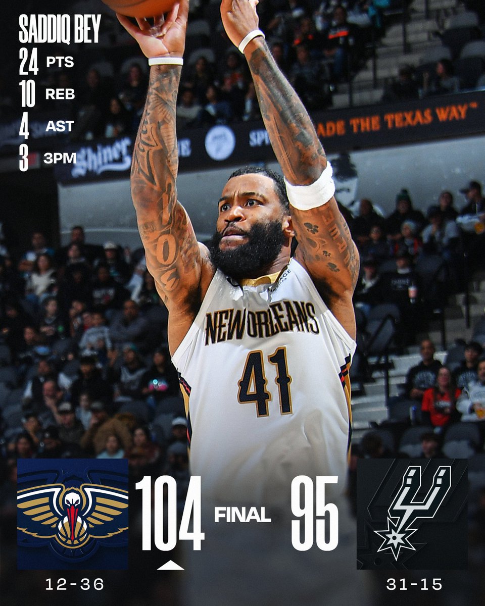 🏀 SUNDAY'S FINAL SCORES 🏀
Saddiq Bey and the @PelicansNBA end the game on a 17-3 run to win in San Antonio!
Zion Williamson: 24 PTS, 10 REB, 4 AST
Victor Wembanyama: 16 PTS, 16 REB, 4 BLK