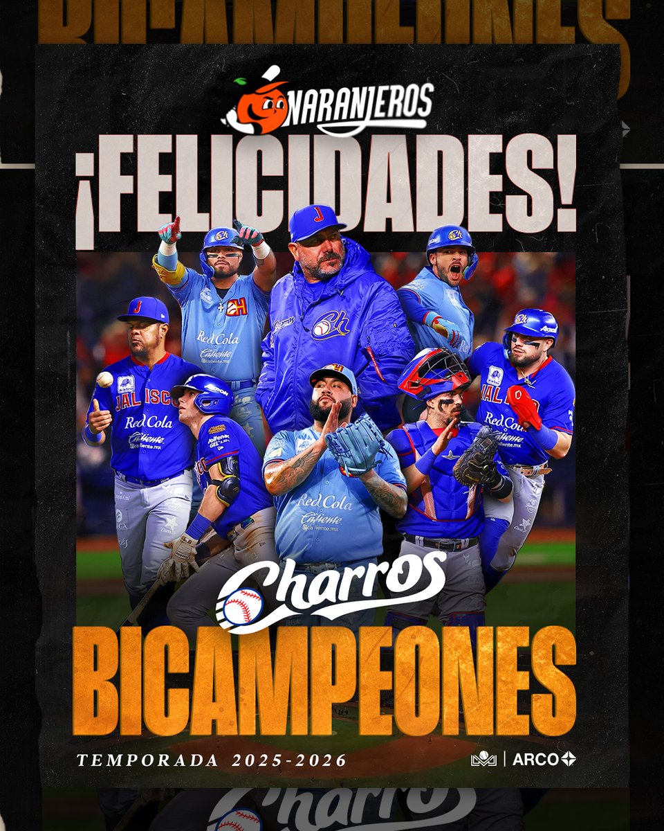 Desde la ‘H’ hasta Jalisco. ⚾️

Naranjeros de Hermosillo felicita a <a href="/charrosbeisbol/">Charros de Jalisco🤠</a> por haber obtenido el campeonato de la <a href="/Liga_Arco/">Liga ARCO Mexicana del Pacífico</a> por segunda temporada de manera consecutiva. 🥳🏆