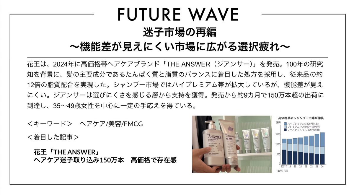 迷いを減らす設計が、信頼をつくる。
ヘアケアは機能より“選んでいい理由”？
#FutureWave #ヘアケア
