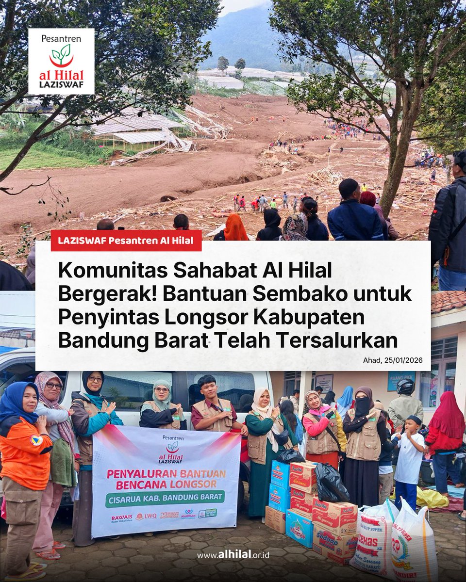 Laziswafalhilal's tweet image. Komunitas Sahabat Al Hilal Bergerak! 

Bantuan Sembako untuk Penyintas Longsor Kabupaten Bandung Barat Telah Tersalurkan 💚 

Informasi selengkapnya: 
instagram.com/p/DT9UT75j0lg/…

#fyi #kbb #infokbb #longsor #longsorcisarua