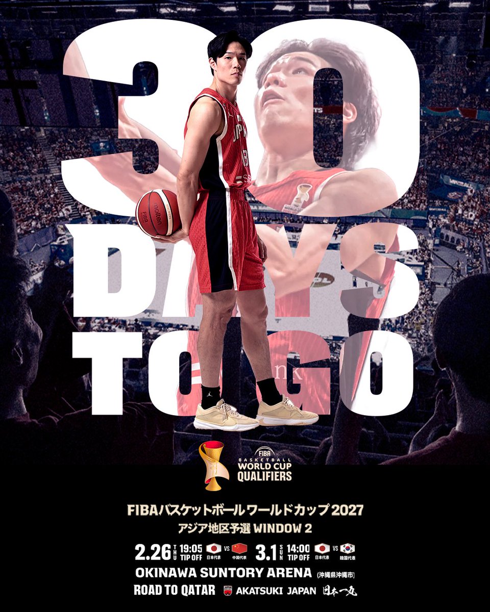 🇯🇵男子日本代表🇯🇵

中国戦まであと30日。

🗓️2月26日(木)19:05TIPOFF
🆚中国
📺ＢＳ日テレ
📡DAZN・TVer

🗓️3月1日(日)14:00TIPOFF
🆚韓国
📺テレビ朝日
📡ABEMA・DAZN・TVer

#AkatsukiJapan
#FIBAWC x #StepItUp