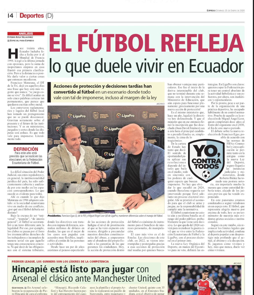 La sociedad ecuatoriana tiene su institucionalidad por el piso. Las leyes sirven tanto en cuanto se pueda echar mano de ellas, los derechos están pisoteados y el poder se entroniza gracias al abuso. El fútbol también refleja eso. Mi análisis de hoy en Expreso.