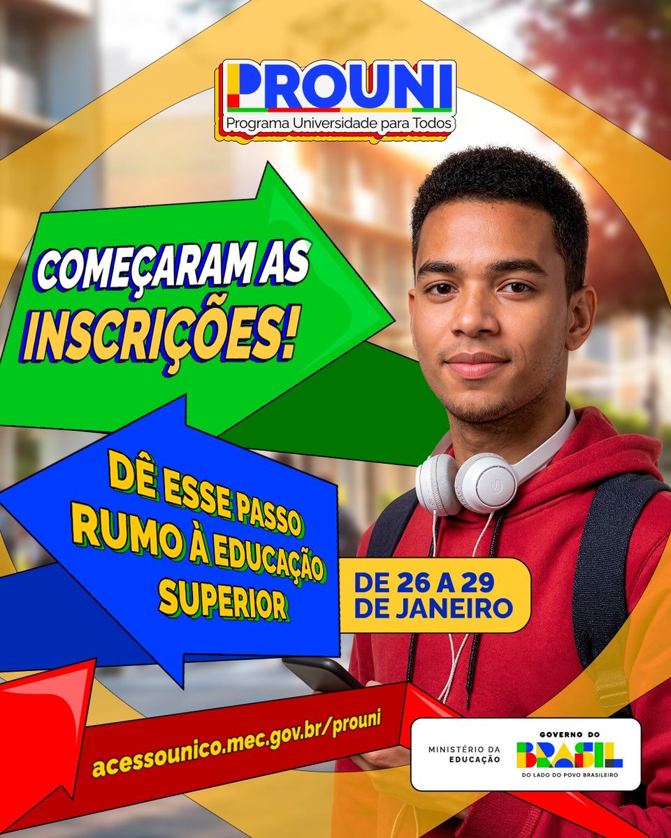 min_educacao's tweet image. 🎓 Estão abertas as inscrições para o Programa Universidade para Todos (#Prouni)!   

🔎De 26 a 29 de janeiro, candidatos poderão concorrer a uma bolsa integral (100%) ou parcial (50%) em universidades privadas de todo o país.  

🔗 Entre em acessounico.mec.gov.br/prouni e se inscreva!