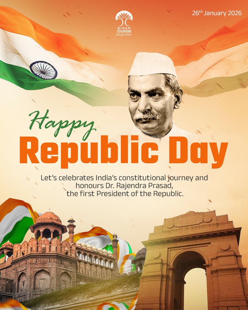 TourismBiharGov's tweet image. One Nation. One Constitution. One Republic
Wishing everyone a very Happy 77th Republic Day!

#RepublicDayCelebration #RepublicDay #RepublicDayIndia #indian #President #gantrantradivas🇮🇳 #TrendingNow
#AzaDi #viralpost #trend #travel #Bihar #Bihartourism #incredibleindia #jaihind