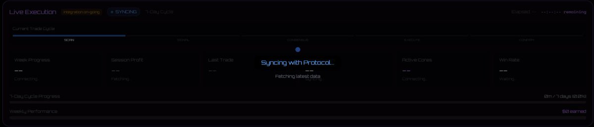 Refreshed the dashboard and caught something flash for a split second…

If you blinked, you missed it.  

"SYNCING with Protocol…" pulsing right in the consensus block, then gone.  

Does it mean integration finally dropping? A new core activating? Or just UI glitch theater?