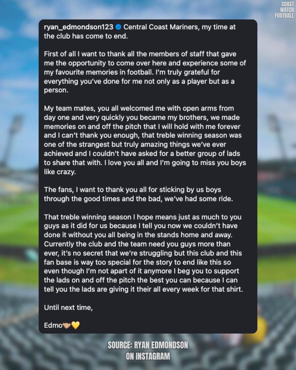 Mariners forward Ryan Edmondson has announced his departure from the club in a heartfelt post on Instagram.

Thank you for everything Ryan and all the best with the future! 👏

#CCMFC 🟡🔵