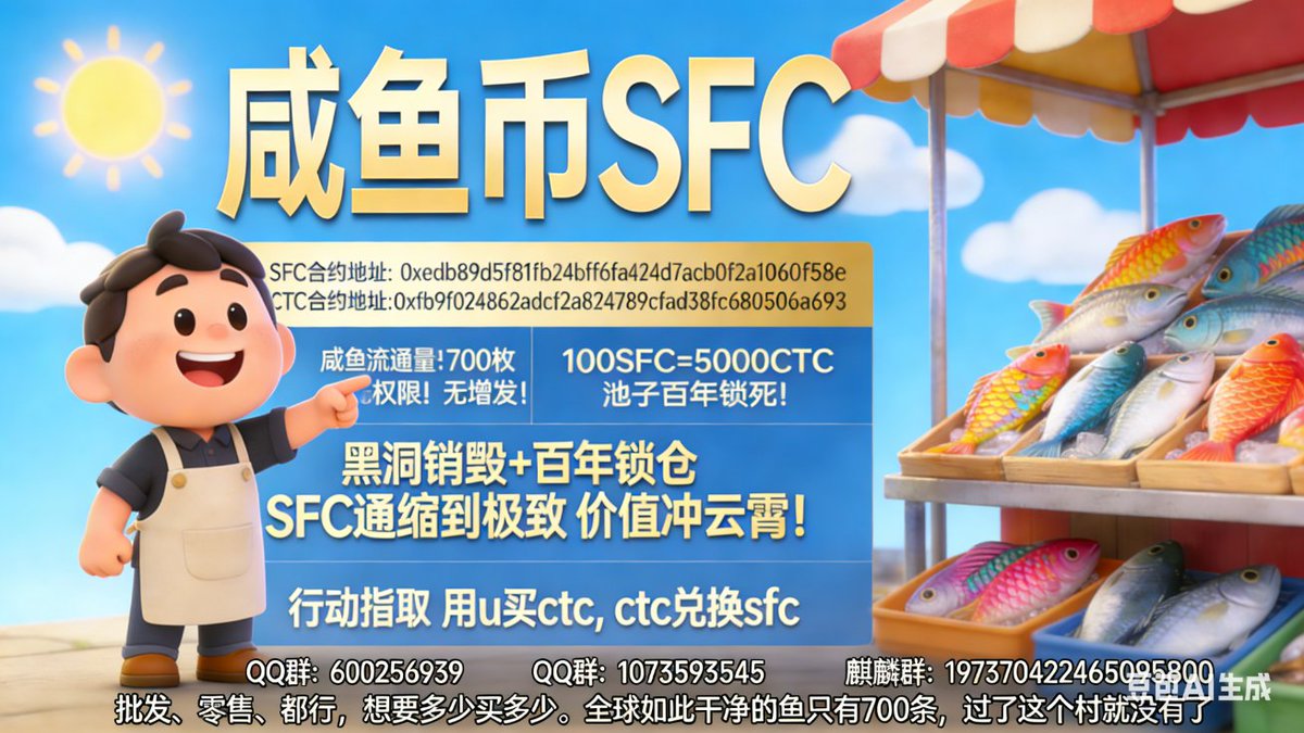 wl11985's tweet photo. 币安链咸鱼币 SFC 合约地址：
0xedb89d5f81fb24bff6fa424d7acb0f2a1060f58e
1. 咸鱼流通量只有 700 枚，700 枚  
2. 无滑点！无权限！无增发！SFC 创世，币安链上唯一净土！  
3. 池子百年锁死！上车即享原始红利！ 
4. 黑洞销毁＋百年锁仓，SFC 通缩到极致，价值冲云霄
5. 管理权限已删，社区自治为王 https://t.co/trZcVmxGWN