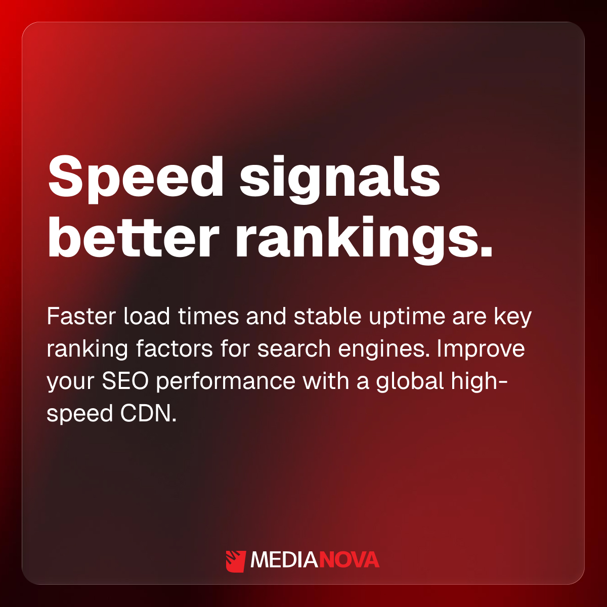 Speed signals better rankings.

Faster load times and stable uptime are key ranking factors for search engines. Improve your SEO performance with a global high-speed CDN.

Rank higher.

Documentation:
hubs.li/Q03-Jl1-0

Contact us:
hubs.li/Q03-Jl2R0

#SEO #PageSpeed