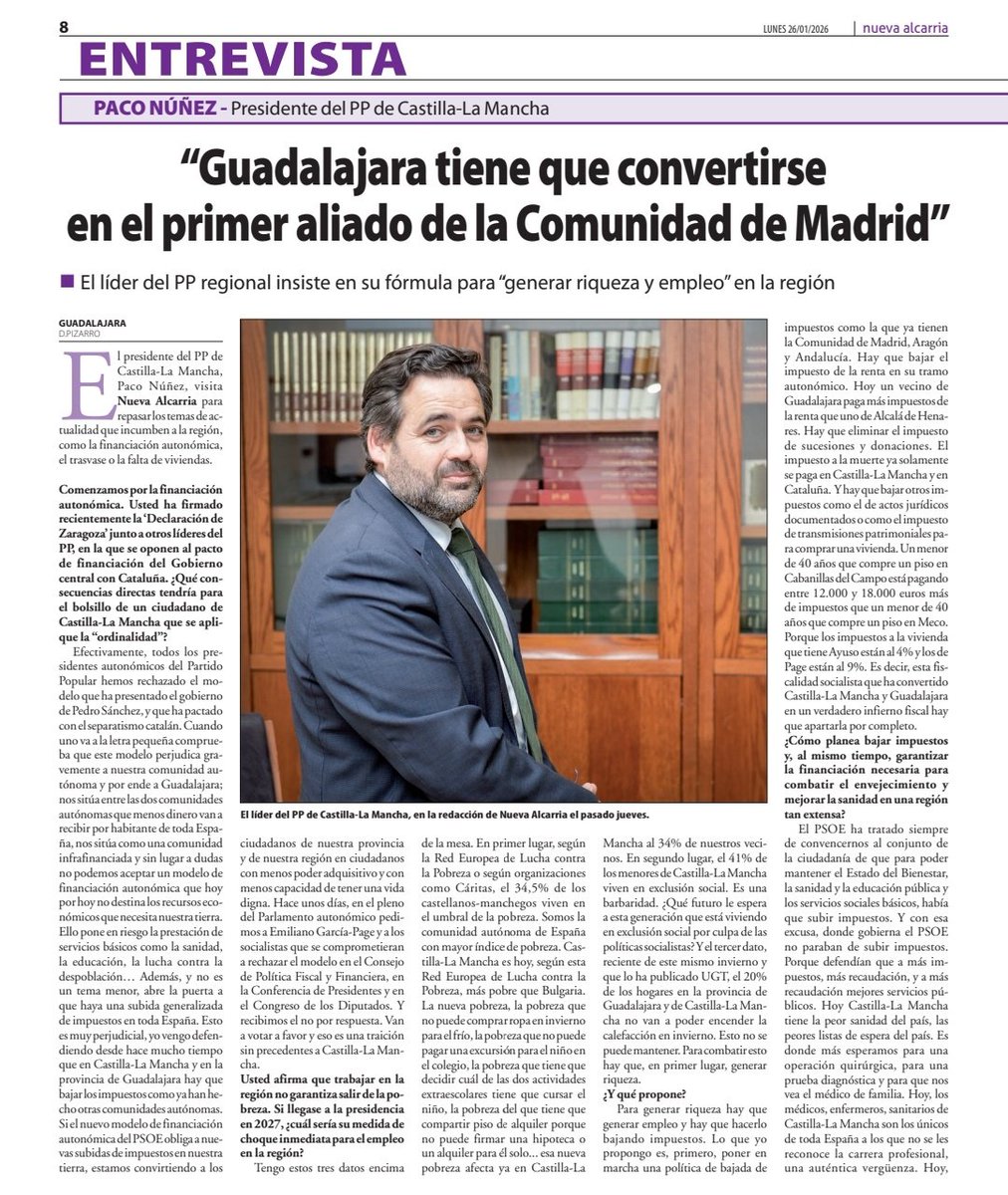 ppguadalajara's tweet photo. 👀 🗞 ENTREVISTA EN @NuevaAlcarria A NUESTRO PRESIDENTE Paco Núñez
🗣 "Guadalajara tiene que convertirse en el primer aliado de la Comunidad de Madrid"
El presidente del #PPCLM analiza los principales asuntos que afectan a nuestra región 👇 https://t.co/aTUkvELWcc