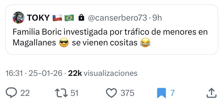 <a href="/GabrielBoric/">Gabriel Boric Font</a>
Que este <a href="/canserbero73/">TOKY 🇨🇱🇧🇷</a> se dediquen a basurear y desinformar también es responsabilidad política tuya. No se actuó a tiempo desde el inicio.
Estas mentiras saltan rápido a otras redes y terminan instalando duda en la gente menos informada. La inacción tiene costo.