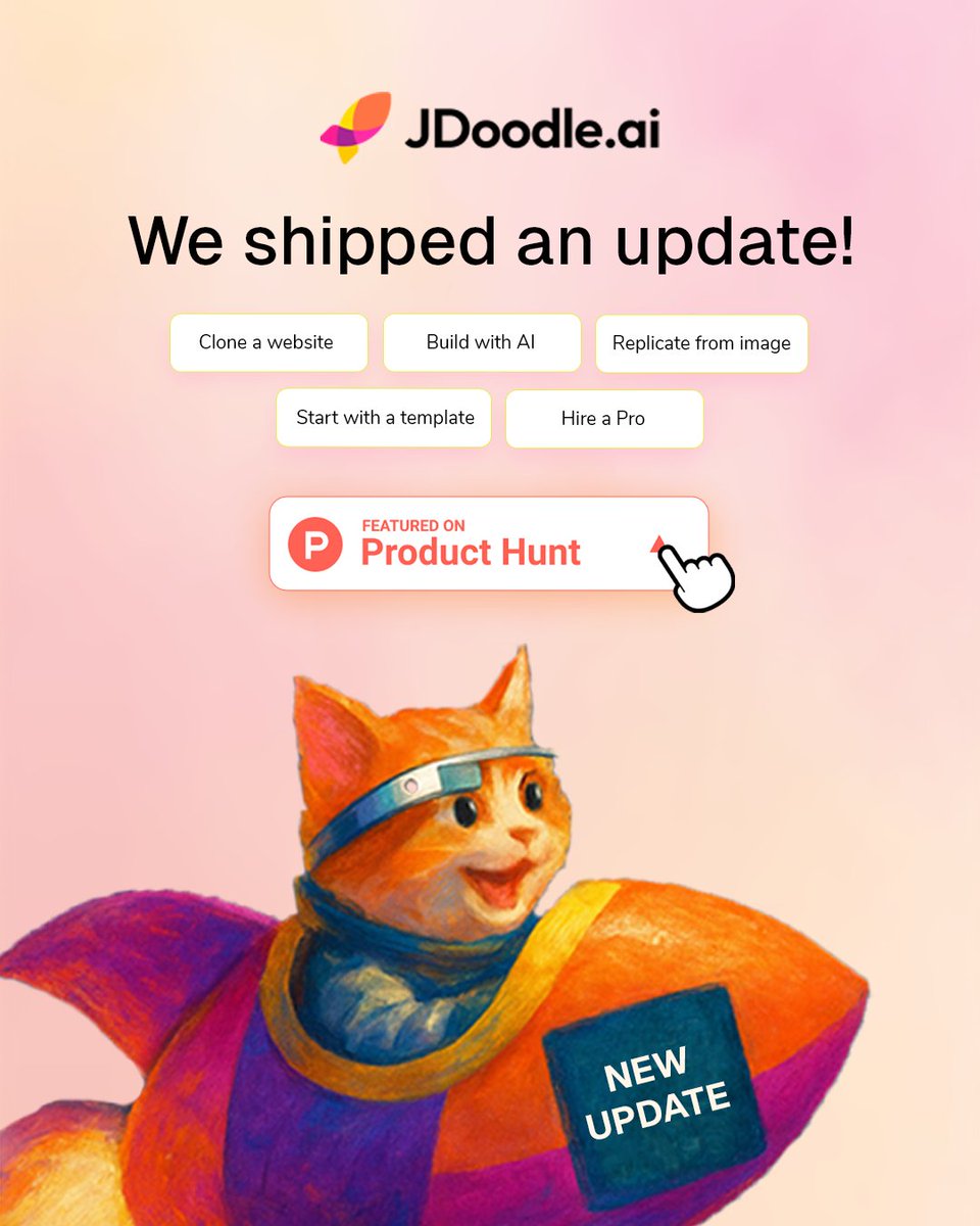 We’ve just launched a big update to JDoodle.ai and it’s now live on Product Hunt 🚀

What’s new:

• Clone a website by pasting a URL
• Build from an image or Figma design
• Start with templates instead of a blank page
• Faster project loading and improved