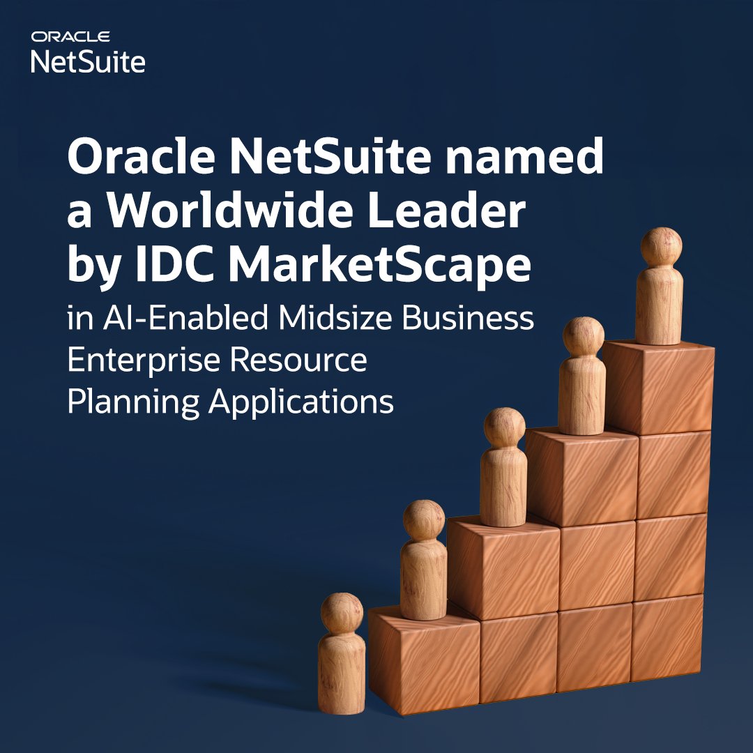 Oracle (<a href="/NetSuite/">NetSuite</a>) was recognized by <a href="/IDC/">IDC</a> MarketScape as a Worldwide Leader in 𝗪𝗼𝗿𝗹𝗱𝘄𝗶𝗱𝗲 𝗔𝗜-𝗘𝗻𝗮𝗯𝗹𝗲𝗱 𝗠𝗶𝗱𝘀𝗶𝘇𝗲 𝗕𝘂𝘀𝗶𝗻𝗲𝘀𝘀 𝗘𝗥𝗣 𝗔𝗽𝗽𝗹𝗶𝗰𝗮𝘁𝗶𝗼𝗻𝘀 𝟮𝟬𝟮𝟱 𝗩𝗲𝗻𝗱𝗼𝗿 𝗔𝘀𝘀𝗲𝘀𝘀𝗺𝗲𝗻𝘁. Download the latest excerpt: social.ora.cl/6012Ch2S8