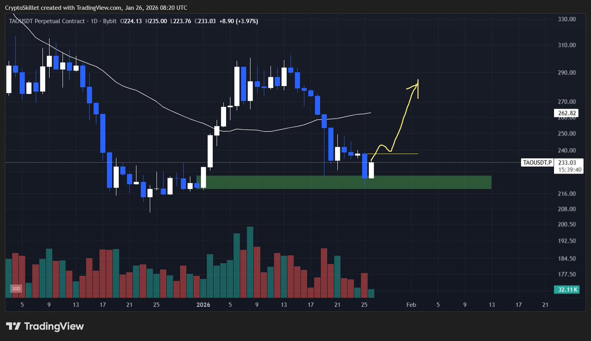 Keeping an eye on $TAO here. If it can flip the $238 daily breakdown level  and hold as support, has potential to pump. Alerts set.👀