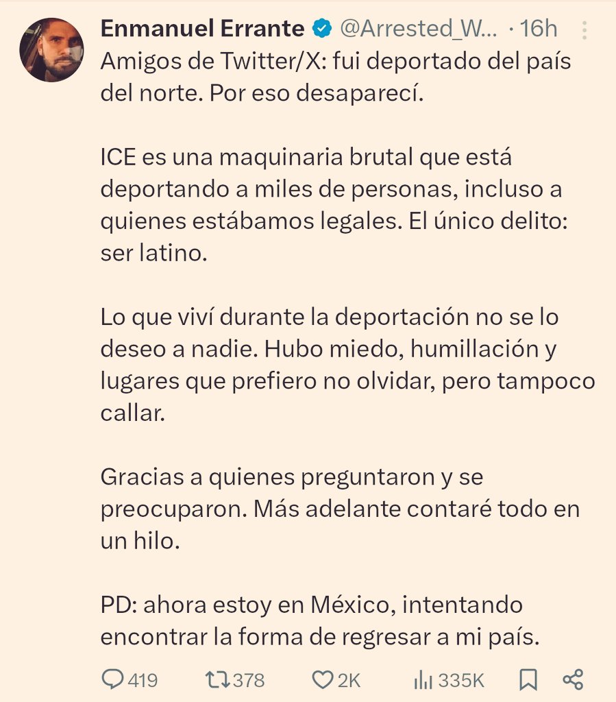 Celebró el bombardeo gringo en su país, defendió al imperio y aplaudió a Trump creyendo que estaría "a salvo" por razones ideológicas; ahora denuncia que fue DEPORTADO y MALTRATADO por ICE. 

Ahora te chingas, facho TRAIDOR. <a href="/Arrested_Word/">Enmanuel Errante</a> 😂