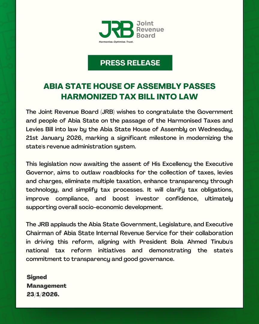 JRB congratulates Abia State House of Assembly for passing Harmonised Tax Bill into Law 
#JRB <a href="/NG_AbiaState/">AbiaState_NG</a> <a href="/alexottiofr/">Alex Otti</a> @Abia