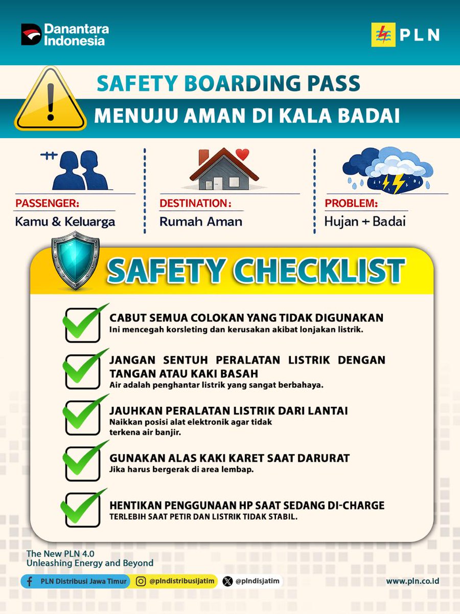 Dulur Electrizen,

“Badai boleh datang, tapi keselamatan jangan sampai tumbang. ⚡🌧️
Passenger: Kamu &amp; keluarga
Destination: Rumah yang tetap aman
Problem: Hujan + badai

Yuk, jadikan keselamatan listrik sebagai prioritas.
Cabut colokan, jaga tangan tetap kering, naikkan posisi