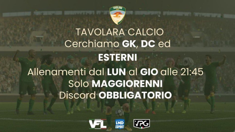 Cerchiamo nuovi membri per ampliamento rosa e per l’inizio di LND
Competizioni:
-Vpg
-Vfl
-Lnd  
<a href="/VPGItaly/">Virtual Pro Gaming Italy 🇮🇹</a> <a href="/VFL_Italy/">VFL ITALIA</a> <a href="/LNDEsport1/">LND Esport</a> <a href="/proleagueit/">ProLeague Italia</a> <a href="/pctransfermarkt/">🇮🇹 PRO CLUBS TRANSFERMARKT🔍</a> <a href="/HouseOfProClub/">H𝕠𝕦𝕤𝕖 𝕆𝕗 P𝕣𝕠C𝕝𝕦𝕓</a> <a href="/eLUDO_official/">eLUDO</a> <a href="/tavolaraesport/">tavolaraesport</a> <a href="/Mercato_FVPA/">Calciomercato Fvpa</a>