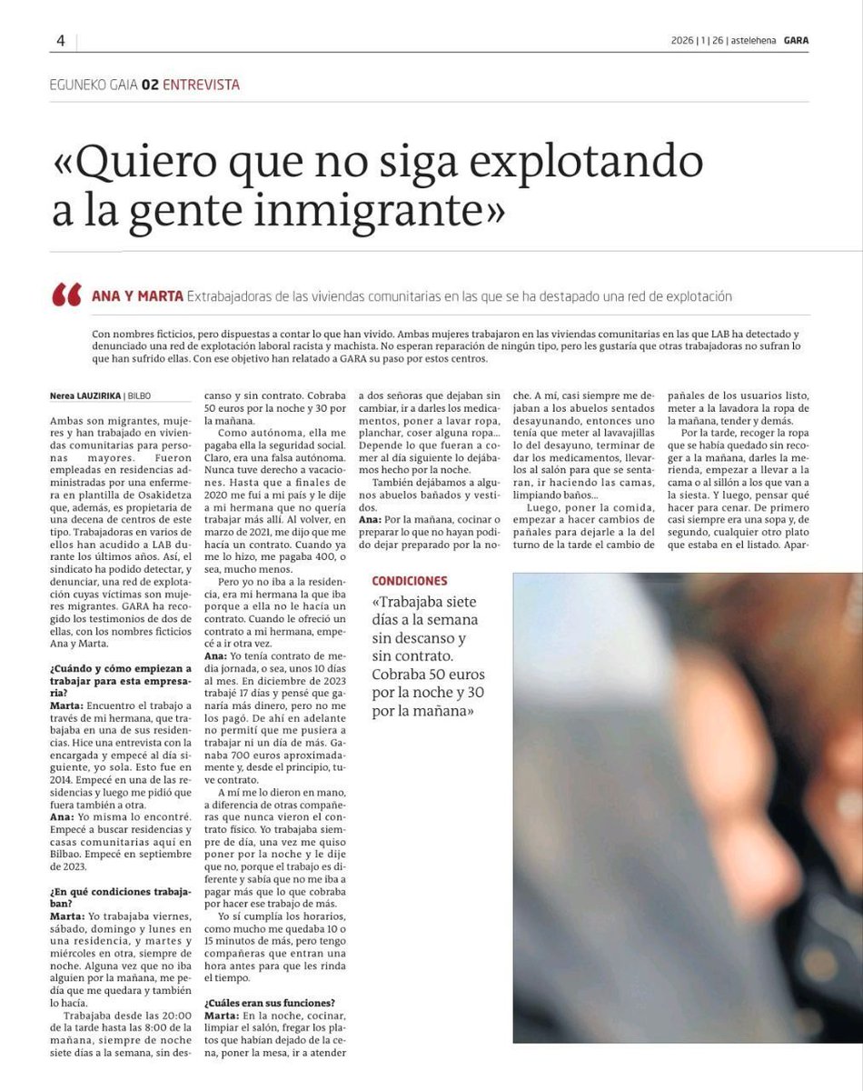 LABsindikatua's tweet image. «Trabajaba 7 días a la semana, sin descanso y sin contrato»

🗣️ Dos trabajadoras migrantes relatan una red de explotación laboral racista y machista en viviendas comunitarias, detectada y denunciada por LAB

📖 Entrevista en @naiz_info
🔗 labur.eus/wmqcosnf