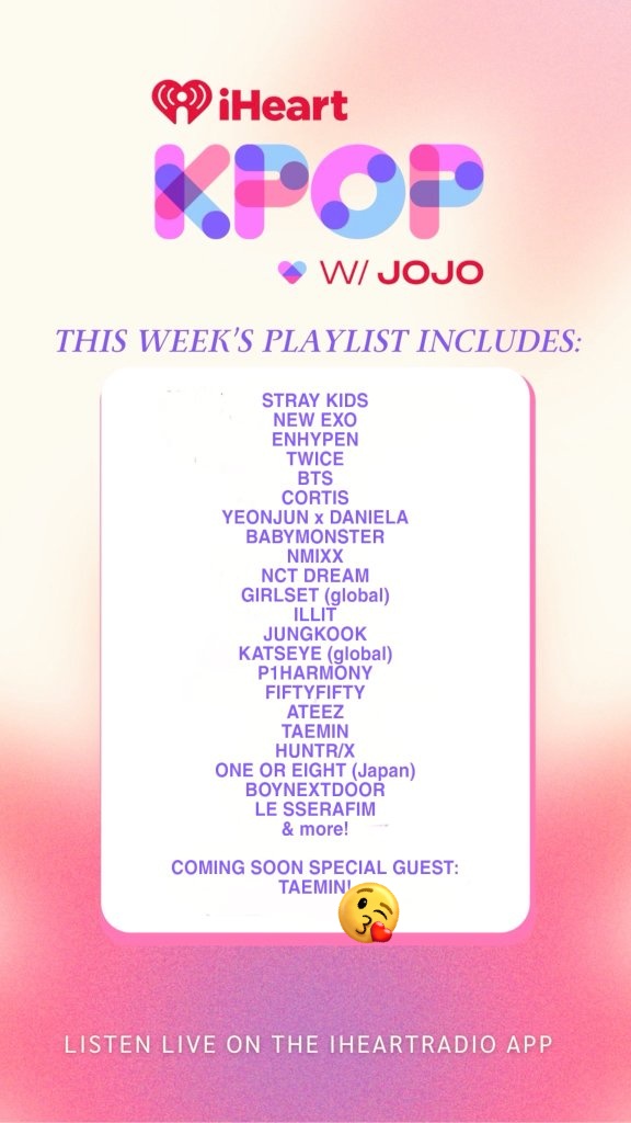 🎶 EXCLUSIVE ON I HEART RADIO! 🎶
Taemin is this week's SPECIAL GUEST.
📻 Possible interview 
⏰ 6-8 PM (Pacific Time).
🔥 Are you ready for our superstar?
cr: jojo 💫
#TAEMIN