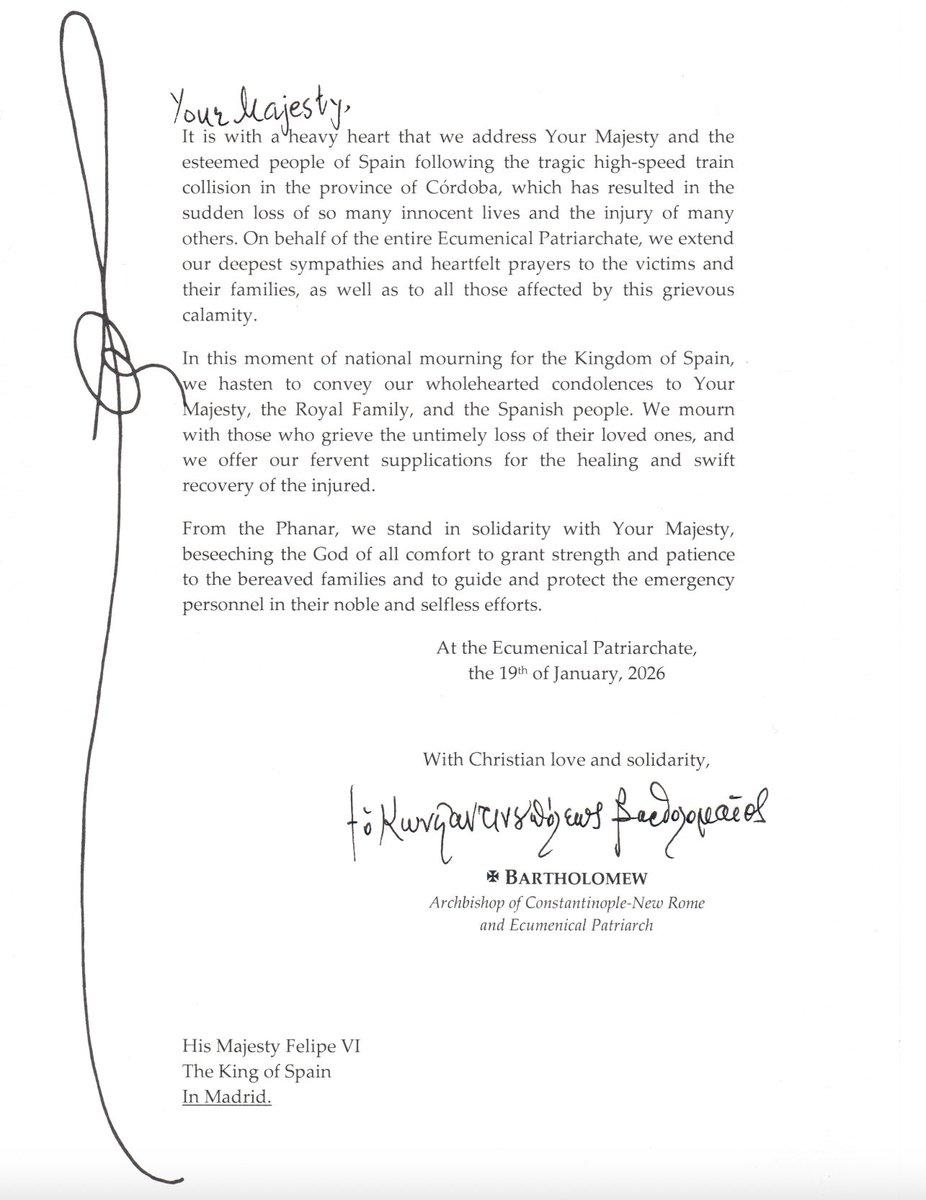 🚨Fener Rum Patriği Bartholomeos, 19 Ocak'ta İspanya Kralı'na gönderdiği mektupta kendi sıfatına şunu yazdı:

Konstantinopolis ve Yeni Roma Başpiskoposu
Ekümenik Patrik

Bartholomeos açıkça Cumhuriyet'e meydan okuyor!
Fener Kilisesi, Lozan'ı açıkça çiğniyor!
Devletimiz artık buna