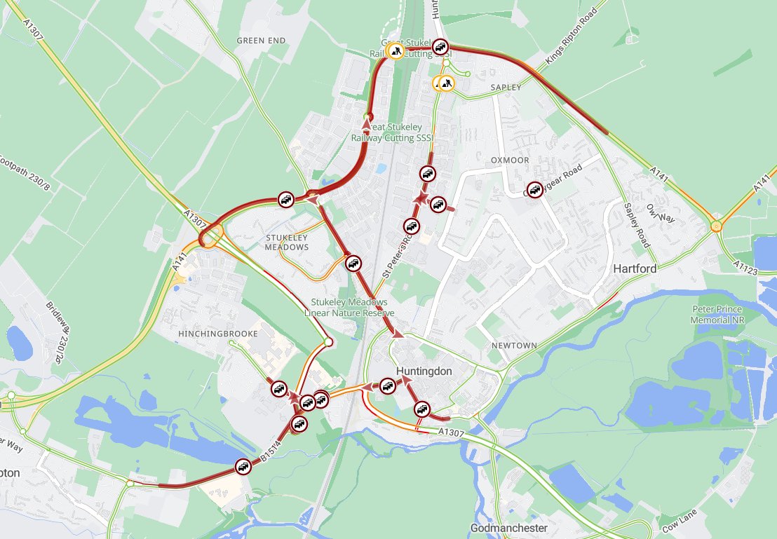 Cambs_Traffic's tweet image. ⚠️ #Huntingdon 
#Delays building on various routes the longer being on the  
#A141 Spittals Way 
#B1514 #Brampton Road #Hinchingbrooke.
Please plan your journey.