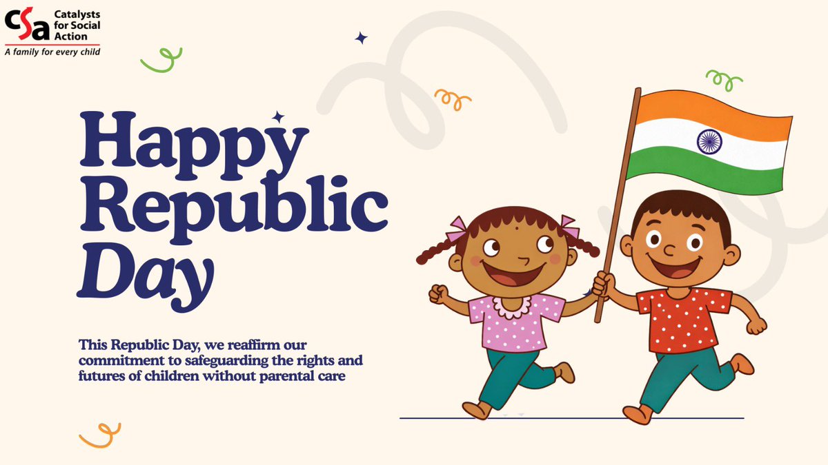 Catalysts4SA's tweet photo. On this RepublicDay, we reaffirm our commitment to equality, dignity, and opportunity for all.
At Catalysts for Social Action, we work to ensure every child’s rights are protected and no one is left behind.

Happy Republic Day! https://t.co/eAaKmCRek2