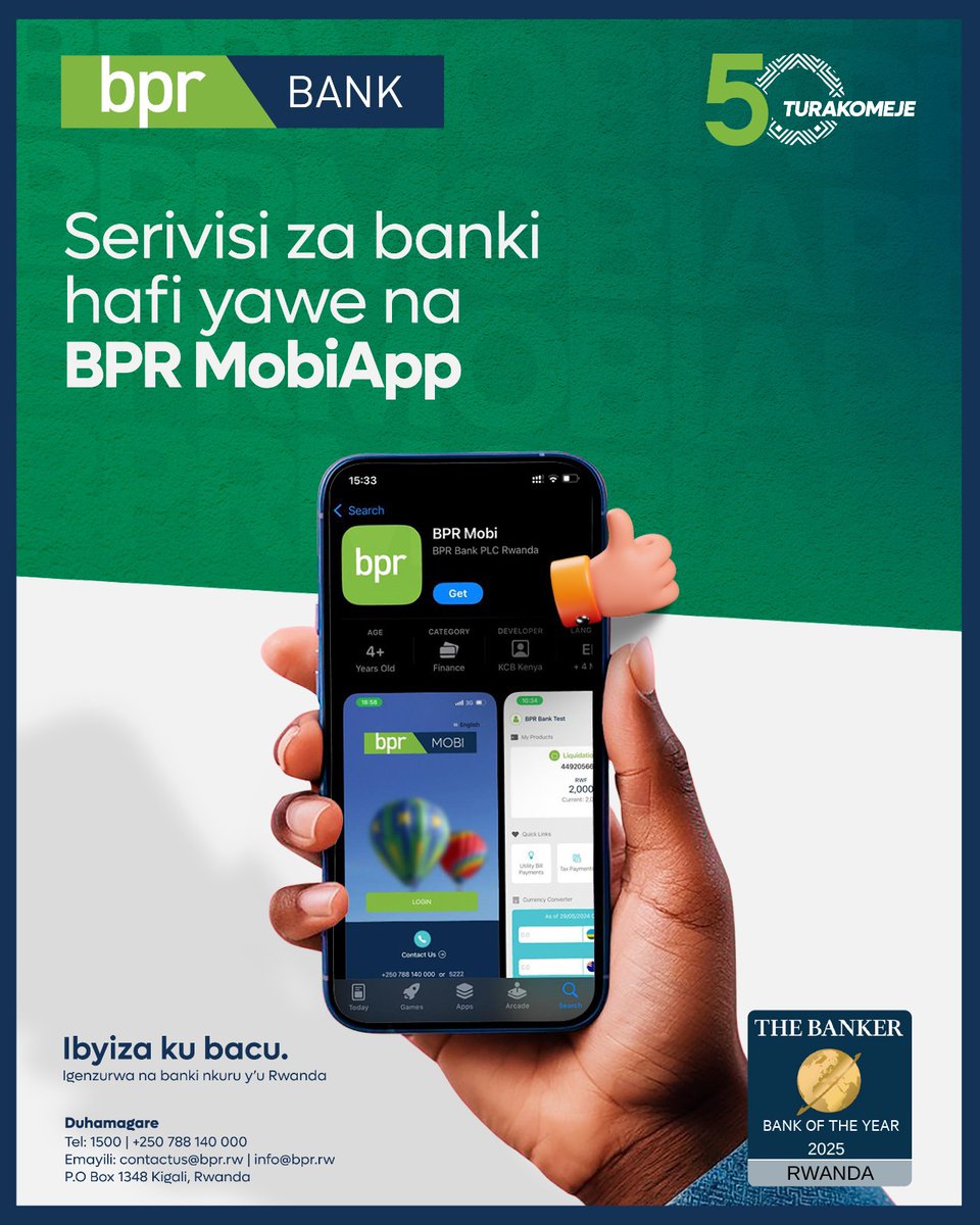Iki cyumweru, ryoherwa no kubona serivisi za banki wifuza ahantu hamwe! 

Downloadinga #BPRMobiApp uyu munsi kuri Play Store yawe. 

#50Turakomeje
#IbyizaKuBacu