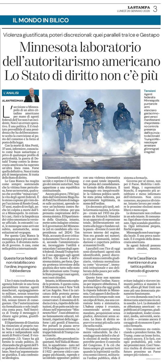 Se agenti federali possono uccidere cittadini, mentire, evitare indagini e ricevere immunità politica ai massimi livelli, allora gli Stati Uniti non sono più una democrazia pienamente funzionante. Lo Stato di diritto non c’è più. 
<a href="/LaStampa/">La Stampa</a>