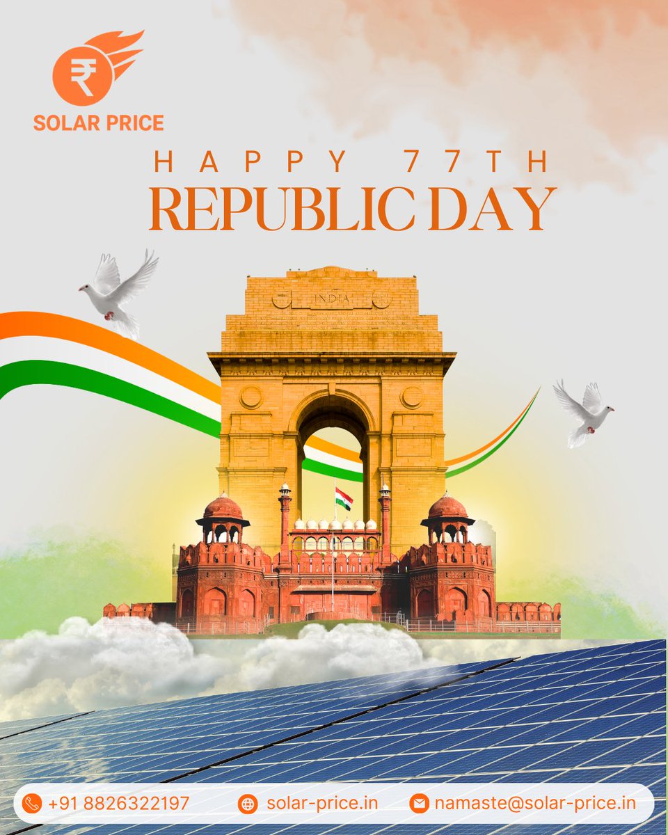 SolarPriceIndia's tweet image. On Republic Day, we honor the Constitution that defines our values, strengthens our democracy, and guides us toward a united, progressive, and resilient India. 

#RepublicDay #SolarPrice #TBEA #ProudIndian #CleanIndia #SolarIndia #RepublicDay77
