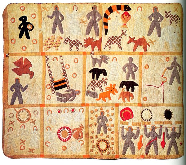 Harriet Powers (1837-1910), Pictorial quilt c. 1898, African-American who was enslaved from birth, emancipated in the Civil War, folk artist and quilt maker who used traditional appliqué techniques to record local legends, Bible stories, and astronomical events. #womensart