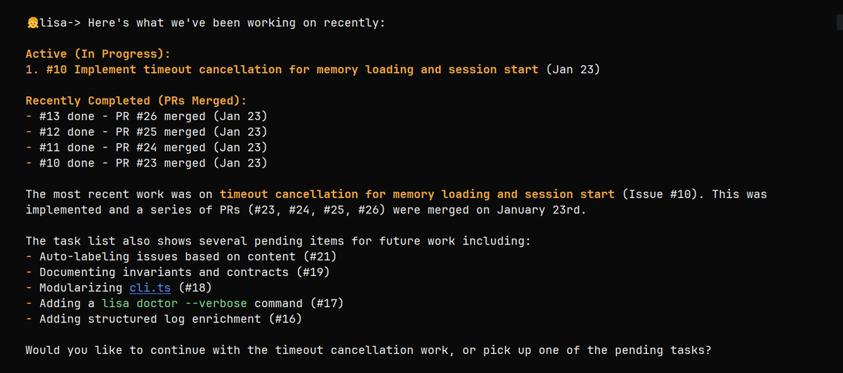 Monday - Lisa, what were we working on... 
The memory plugin I am building for <a href="/claudeai/">Claude</a> remembers where I left off last week, with NO prompt.
opensource, simple npm install, github.com/TonyCasey/lisa…