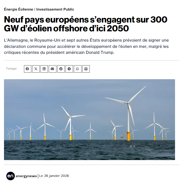 Un projet délirant de 300 GW d'éoliennes en mer auquel la France participerait alors que nous avons déjà des surcapacités de production qui entraînent la modulation de nos réacteurs nucléaires.

Le coût du projet pourrait avoisiner les 1 000 milliards d'euros !
