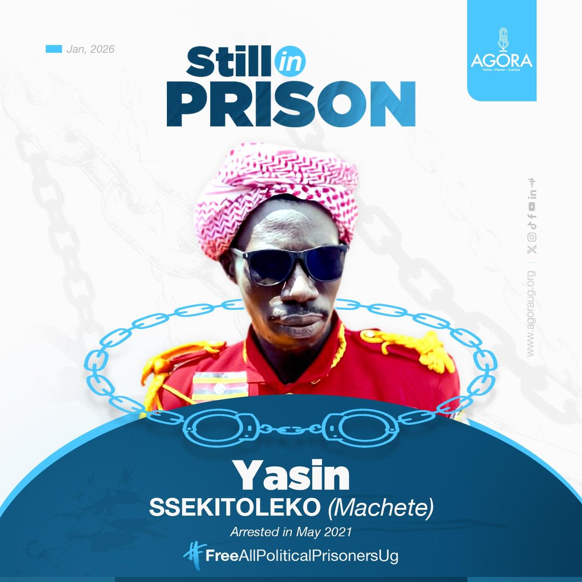 AgoraCFR's tweet photo. This week, we shall be shining a spotlight on the people who have been arrested during Uganda's past 2 election cycles.
 From 2021 to 2026, thousands have been rounded up and imprisoned. Most of these are supporters of the opposition.
#SpotlightOnUgElections26 
#FreeAllPoliticalPrisonersUg