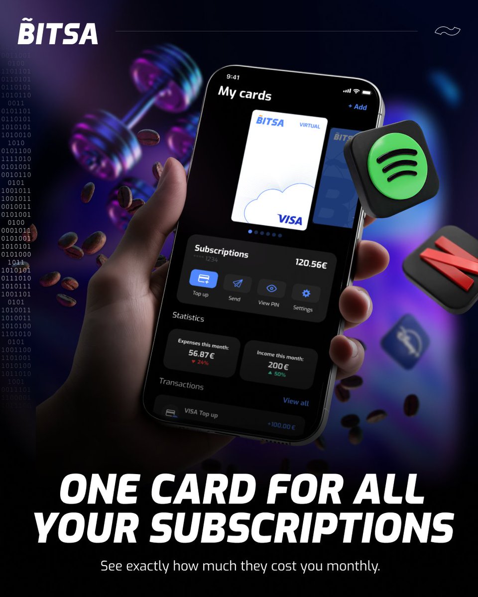 Netflix + Spotify + Gym + Others = ? 

Put all subscriptions on one Bitsa card. 💳

See exactly how much they cost you monthly.

#Bitsa #BitsaCard #Subscriptions #StreamingServices #BudgetControl #Fintech