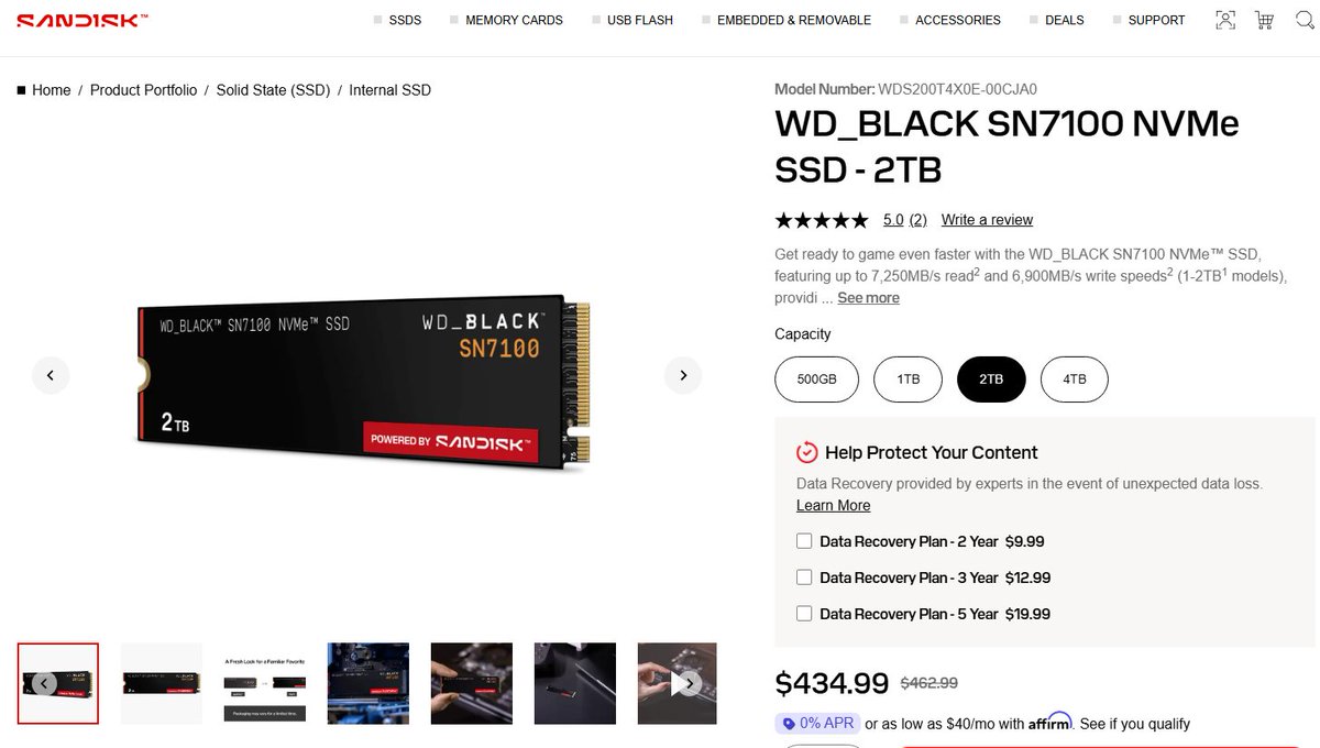 SN7100 2TBの店頭価格が7万円とか見かけて公式通販見たら4万円 だったから見間違いでは？と思ったけど、米公式通販、microcenter、neweggは440ドル前後だからこれから国内公式通販も上がる感じか…