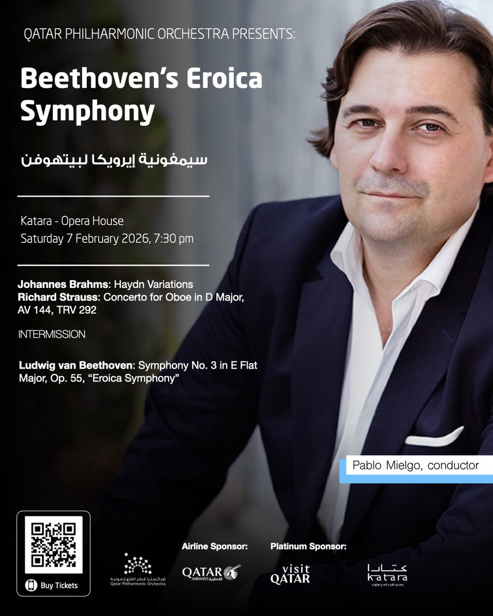 qatar_phil's tweet photo. Join the Qatar Philharmonic Orchestra (QPO) and Maestro Pablo Mielgo for an evening that journeys from lyricism and elegance to symphonic revolution. The concert opens with Brahms’ radiant Variations on a Theme by Haydn, a masterpiece of orchestral color. https://t.co/Mse9Jodb9V