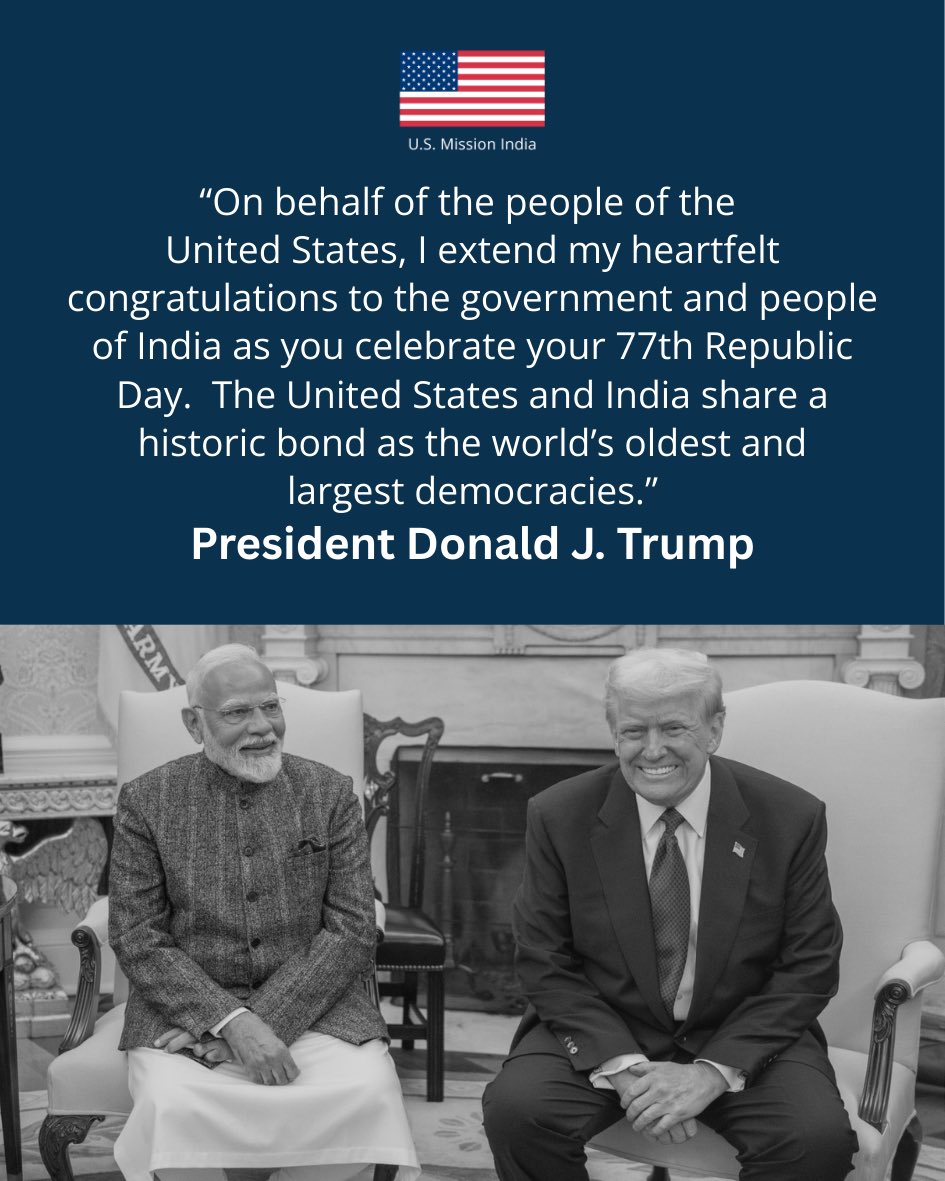 USAndIndia's tweet image. “On behalf of the people of the United States, I extend my heartfelt congratulations to the government and people of India as you celebrate your 77th Republic Day.  The United States and India share a historic bond as the world’s oldest and largest democracies.” - President…