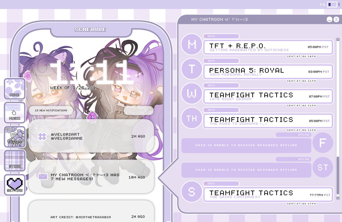 schedule for this week!! can you tell i like tft???? 

unsure what time sunday stream will be and there's a 25% chance i will actually stream on friday, i'm not sure yet but i'll let you guys know :) i'll see you tomorrow for tft and repo!!!