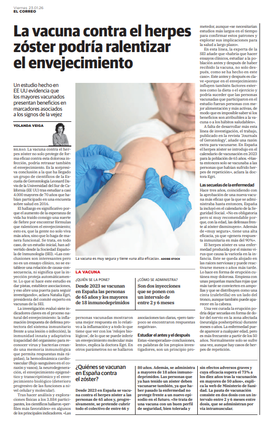 📊Un estudio de la Univ. del Sur de California sugiere que la vacuna contra el herpes zóster 💉 no solo protege frente a la infección, sino que podría retrasar el envejecimiento. Expertos de <a href="/SEinmunologia/">SEInmunología</a> advierten: es un estudio inicial y no demuestra causalidad. <a href="/elcorreo_com/">El Correo</a>