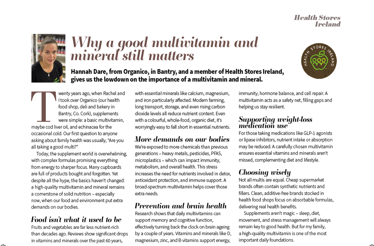 NGHmagazine's tweet photo. Why a good multivitamin and mineral still matters ✨ 

In this issue's @healthstores_ie column, Hannah Dare, from @organicobantry, gives us the lowdown on the importance of a multivitamin and mineral.   

#health #nutrition #wellness #vitamins #supplements https://t.co/CQOPNefAmb