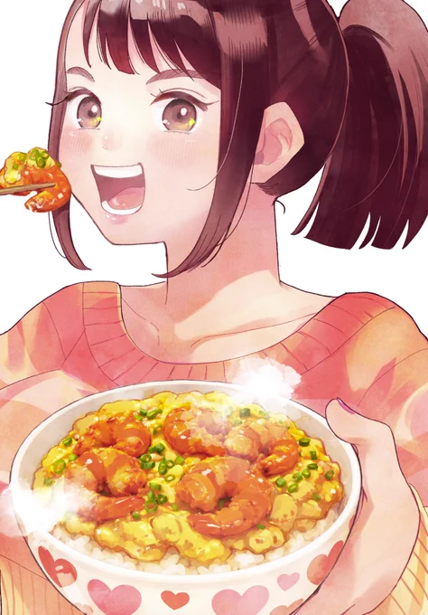 単行本用のエビ玉丼(コンビニのエビチリを卵と炒めて米に乗せるだけ) 最近カラーをPCで描き出すと色味がくすむ…色々試して iPadで描き出すと鮮やかだった 何故?