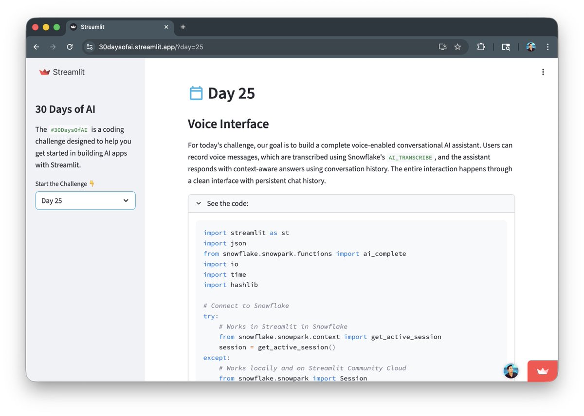thedataprof's tweet photo. Day 25/30 of #30DaysOfAI w/ @streamlit 

Yesterday AI learned to see 👀. Today it learns to hear 👂!

Today, you'll build a voice-enabled AI assistant:
✅ Record voice messages
✅ Auto-transcribe (AI_TRANSCRIBE)
✅ Context-aware responses
✅ Full chat memory

Links in the comment https://t.co/4PFaAjrVcj