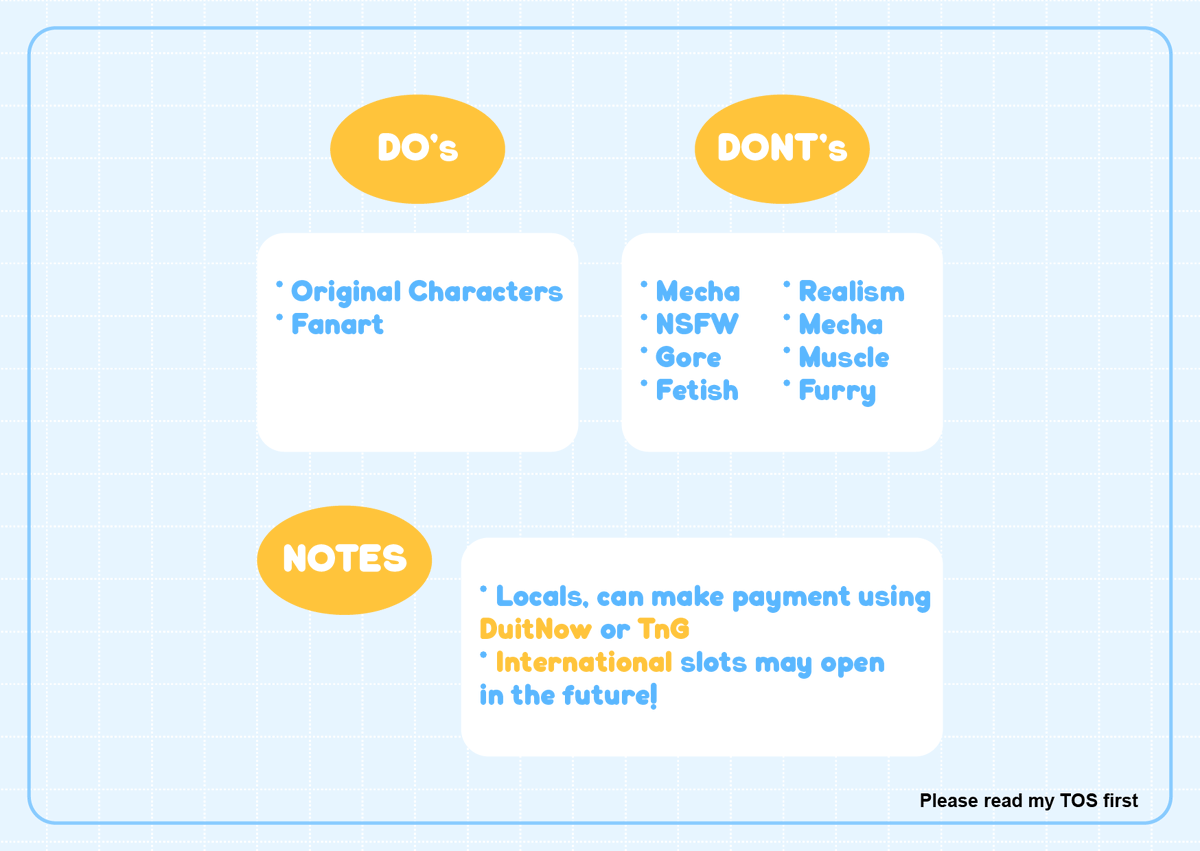 Hi! ✨ I’ve opened YCH commissions!

For now, it’s available only to Malaysian clients, as I’m testing to see how it goes. ✨
International commissions may open in the future! 📢

If you have any questions, feel free to ask me

❤️&amp;🔁 are greatly appreciated!

#YCH #ychcommission