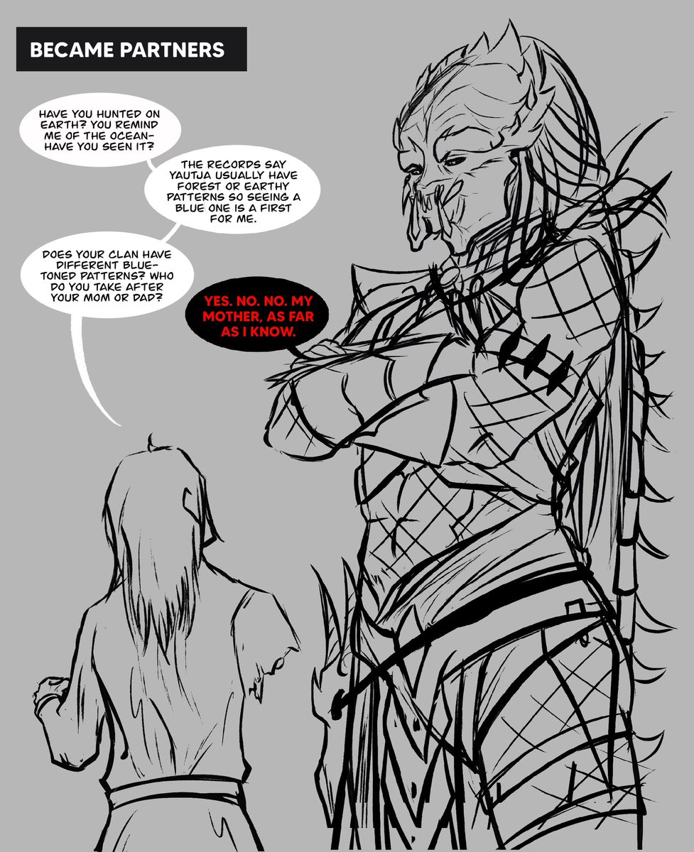 Kariito_art's tweet photo. The ally ⚙️
*
Sent by her Matriarch’s orders to destroy the abominations WY created using yautja bodies. Bhu’ja finds a synth who guides her among the installations while he also learns and sees the world outside of his cage for the 1st time.
#yautja #oc #YautjaOC https://t.co/l7qwFt62YI