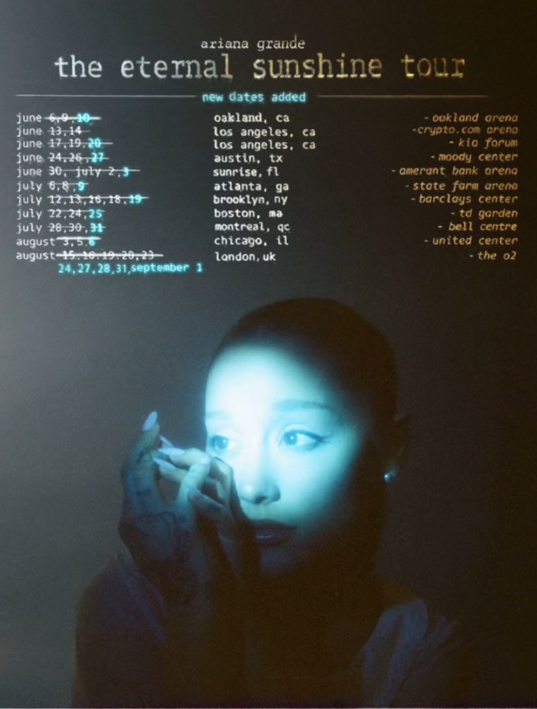 Ariana Grande says the ‘eternal sunshine tour’ may be her last tour:

"Just in case it never happens again. I have spent a lot of the last fifteen years doing that on a big scale, I think I have a lot more creative energy to give and spend on different things...”