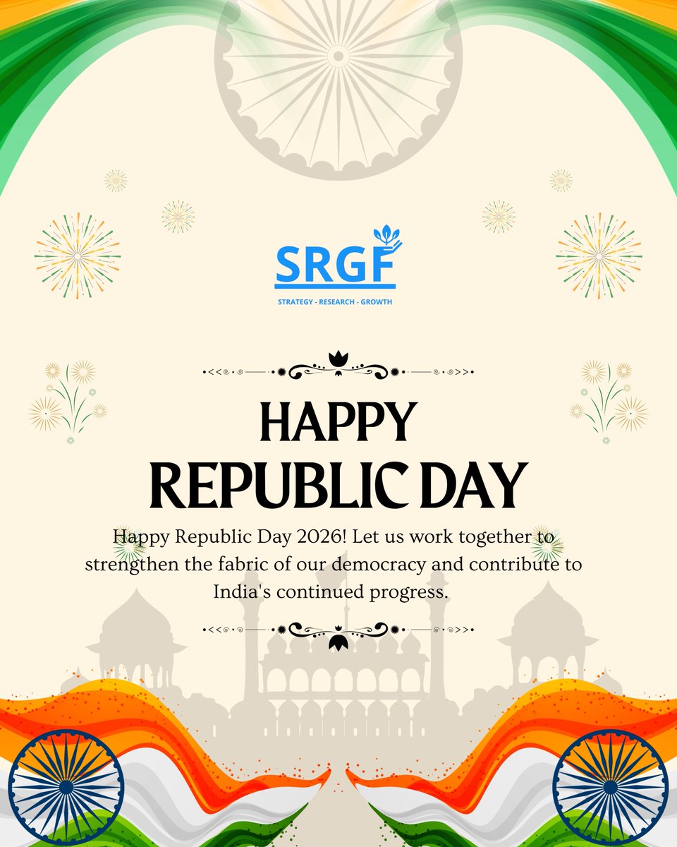 Happy 77th Republic Day to all.
Today, the SRGF team joins the nation in celebrating the adoption of the #Constitution  in 1950, the day India officially became a sovereign Republic. 🇮🇳

Let us work together to contribute to India's progress.

#VandeMataram150  #RepublicDay2026
